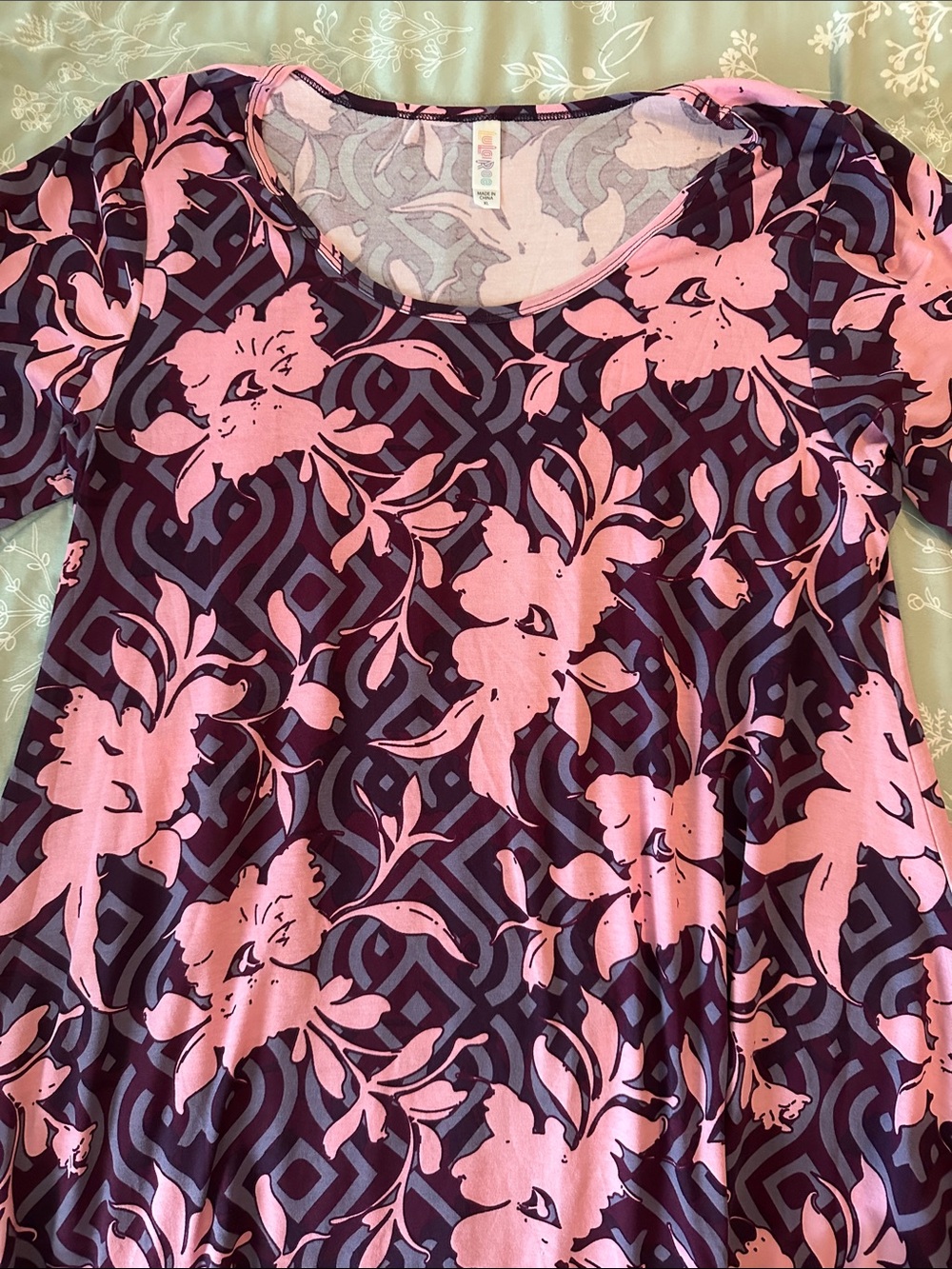 LuLaRoe Pink Floral on Purple Geometric Women’s Top